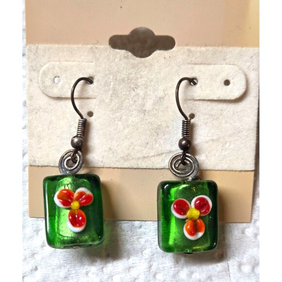 Handmade Green Glass Earrings With Floral Design & Hook Closure - Picture 1 of 1